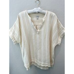 L.L. BEAN | Plus Crinkled Cotton Gauze Top V-Neck Pullover Beige Stripe | 2X